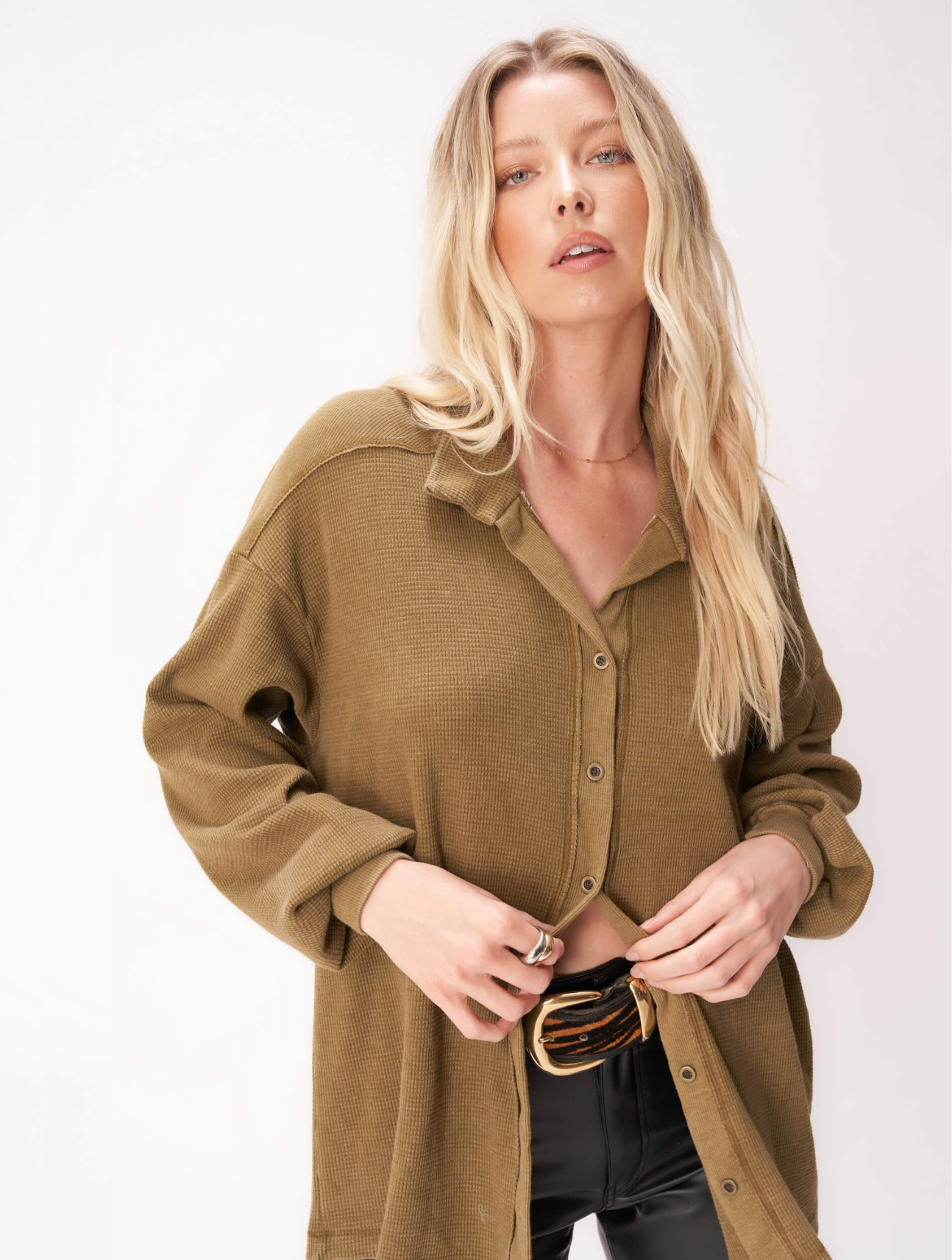 Miraya Washed Button Front Long Sleeve