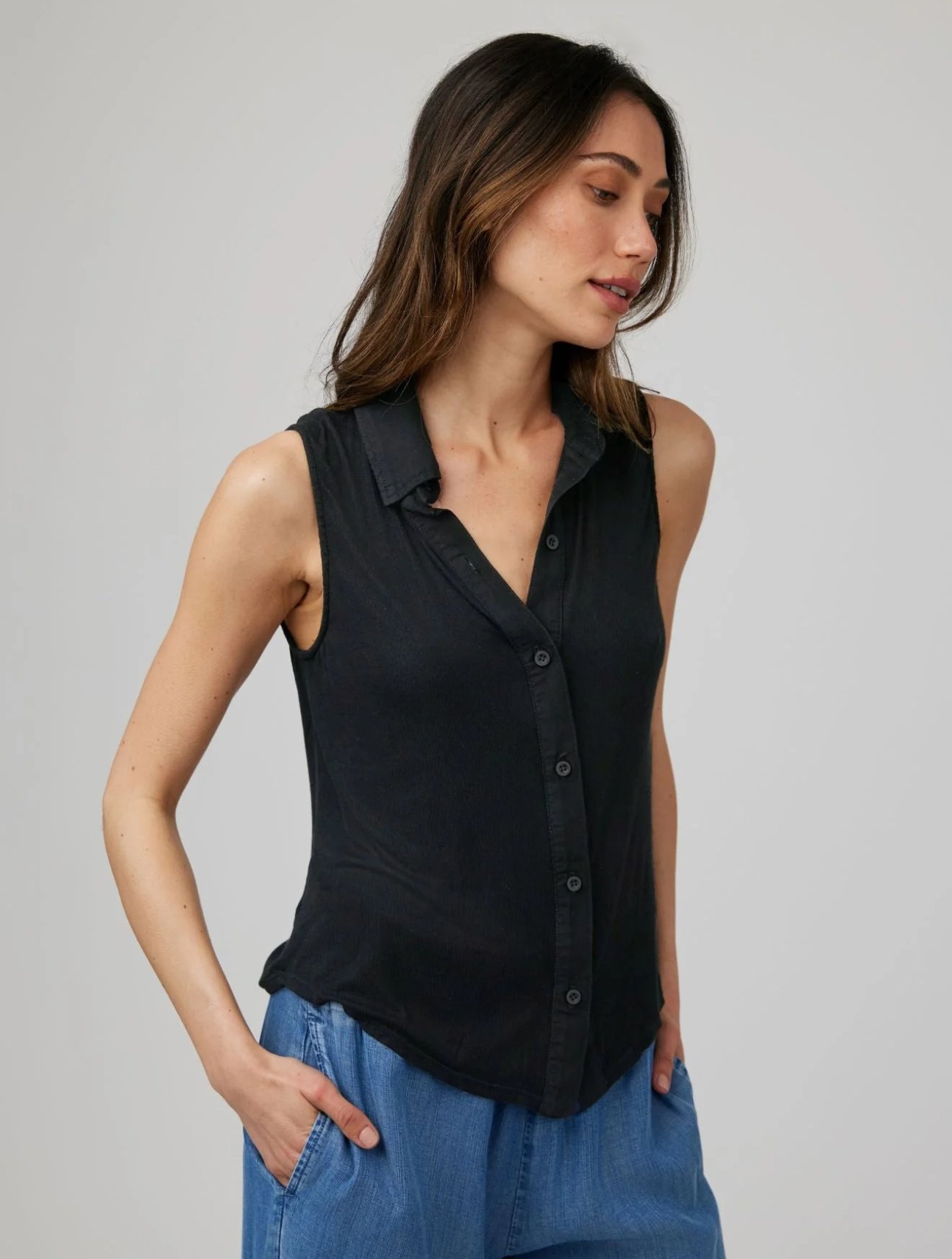 Mixed Sleeveless Button Down