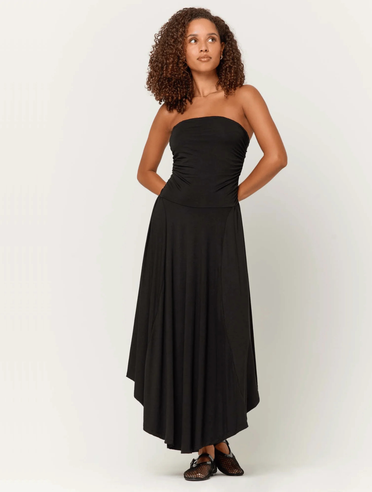 Goddess Strapless Shirred Dress