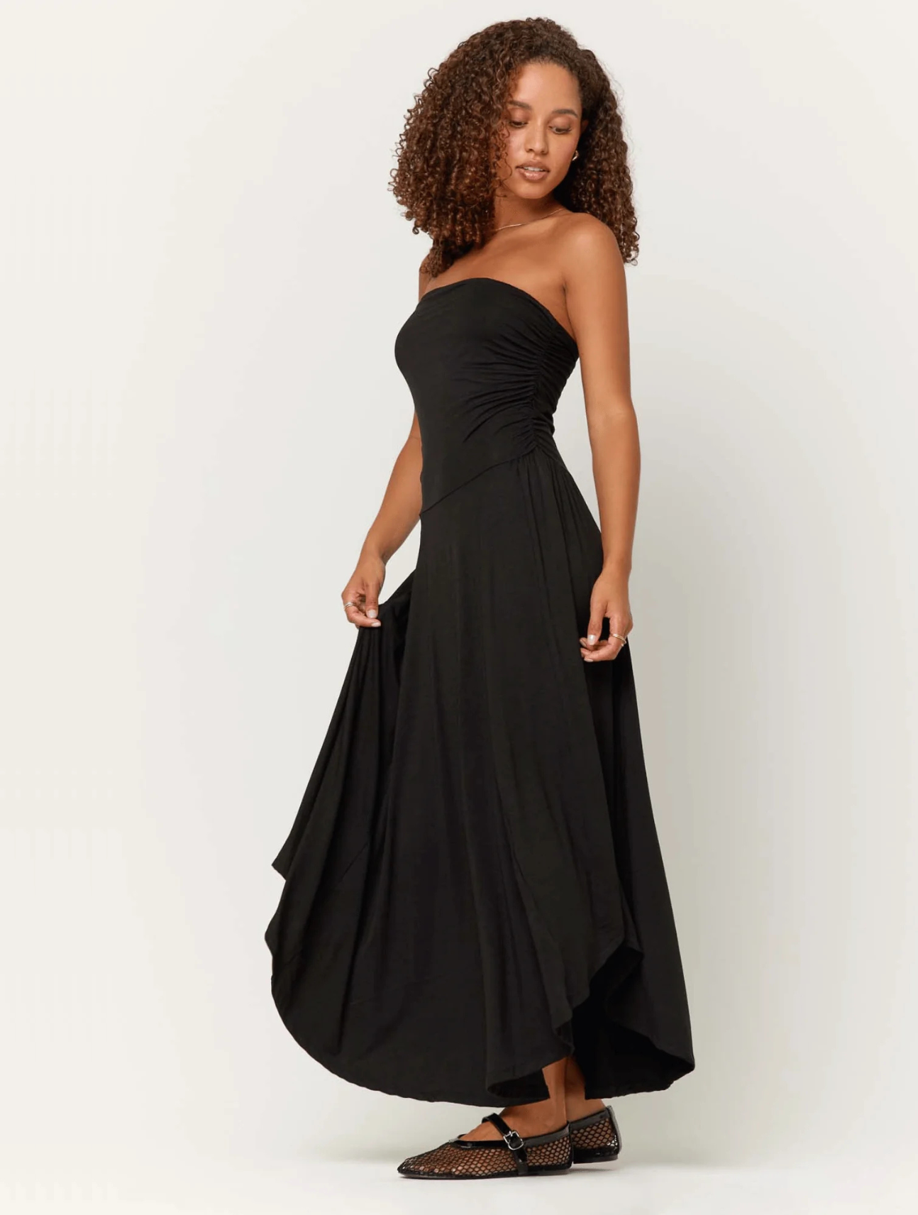 Goddess Strapless Shirred Dress