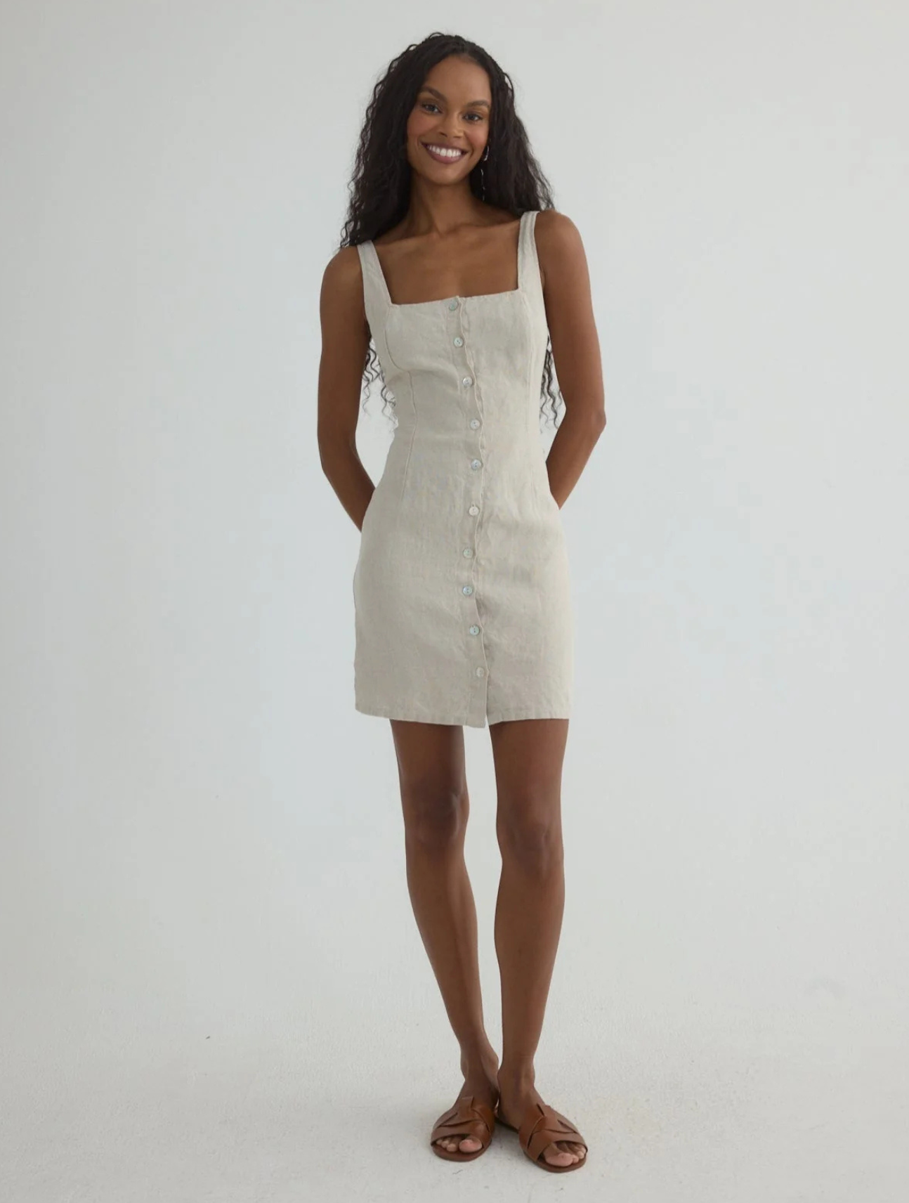 princess polly baby blue dress Bella Dahl Square Neck Button Front Linen Mini Dress