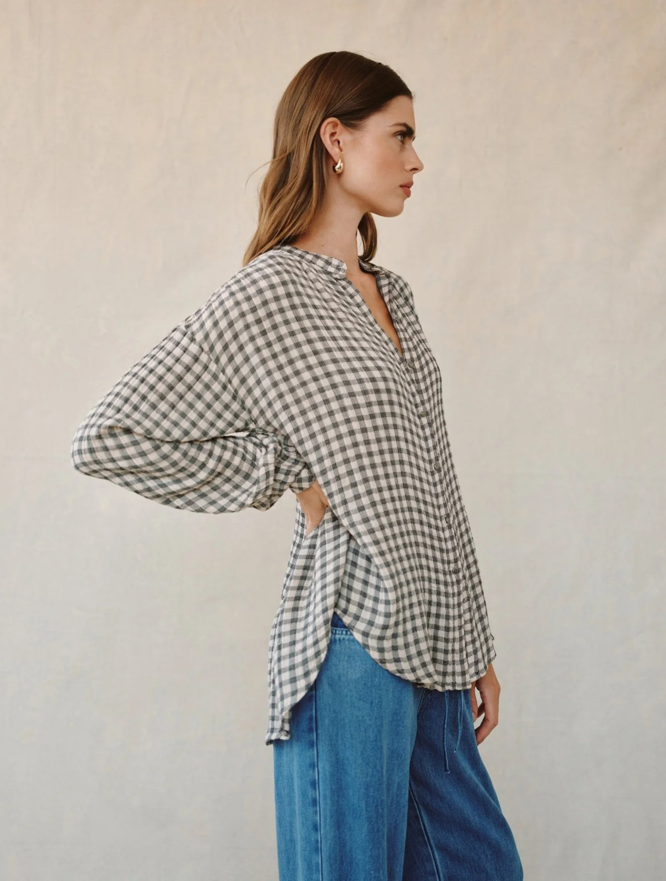 Shirred Mandarin Collar Shirt