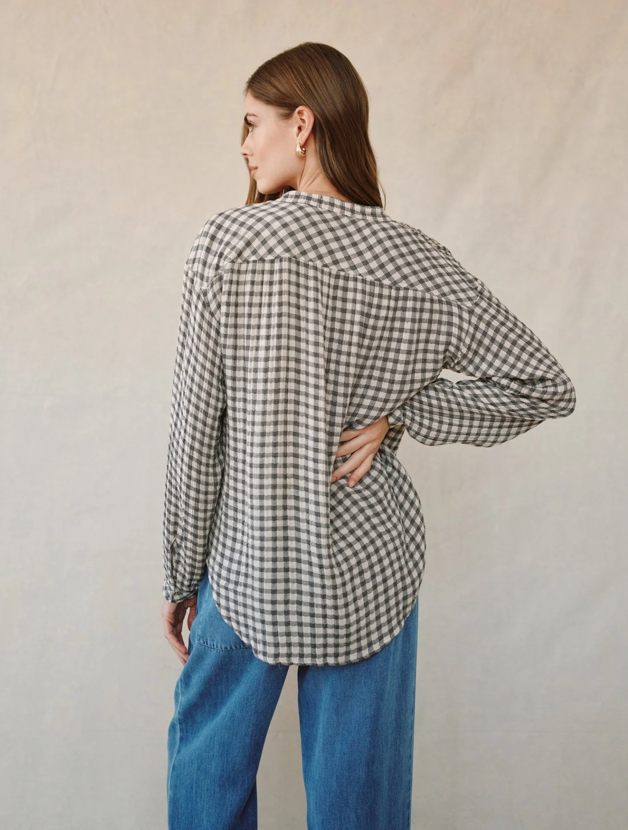 Shirred Mandarin Collar Shirt