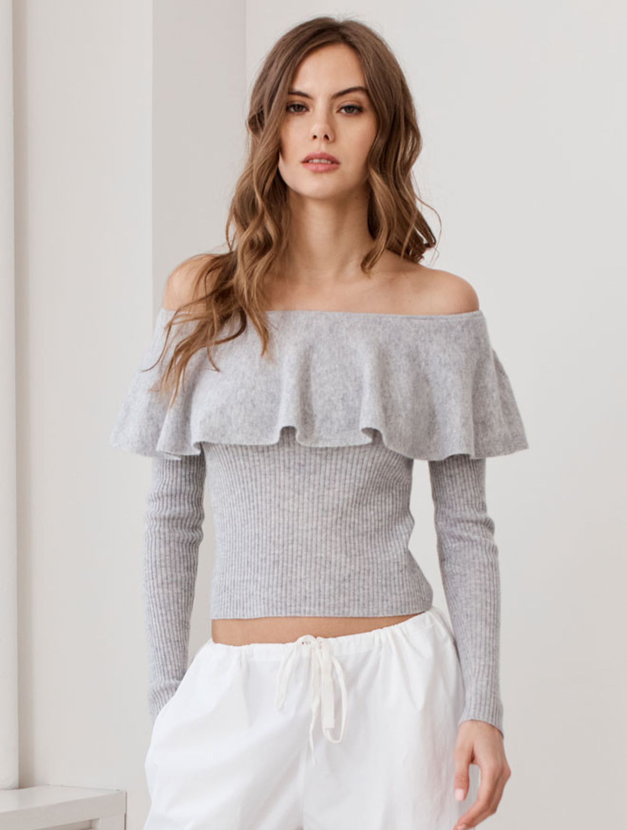 Rib Off-The-Shoulder Ruffle Top
