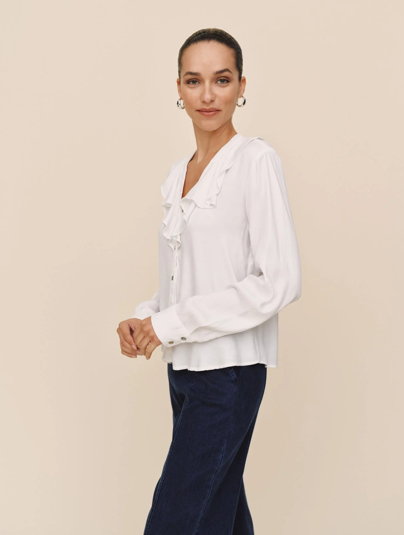 Ruffle V-Neck Button