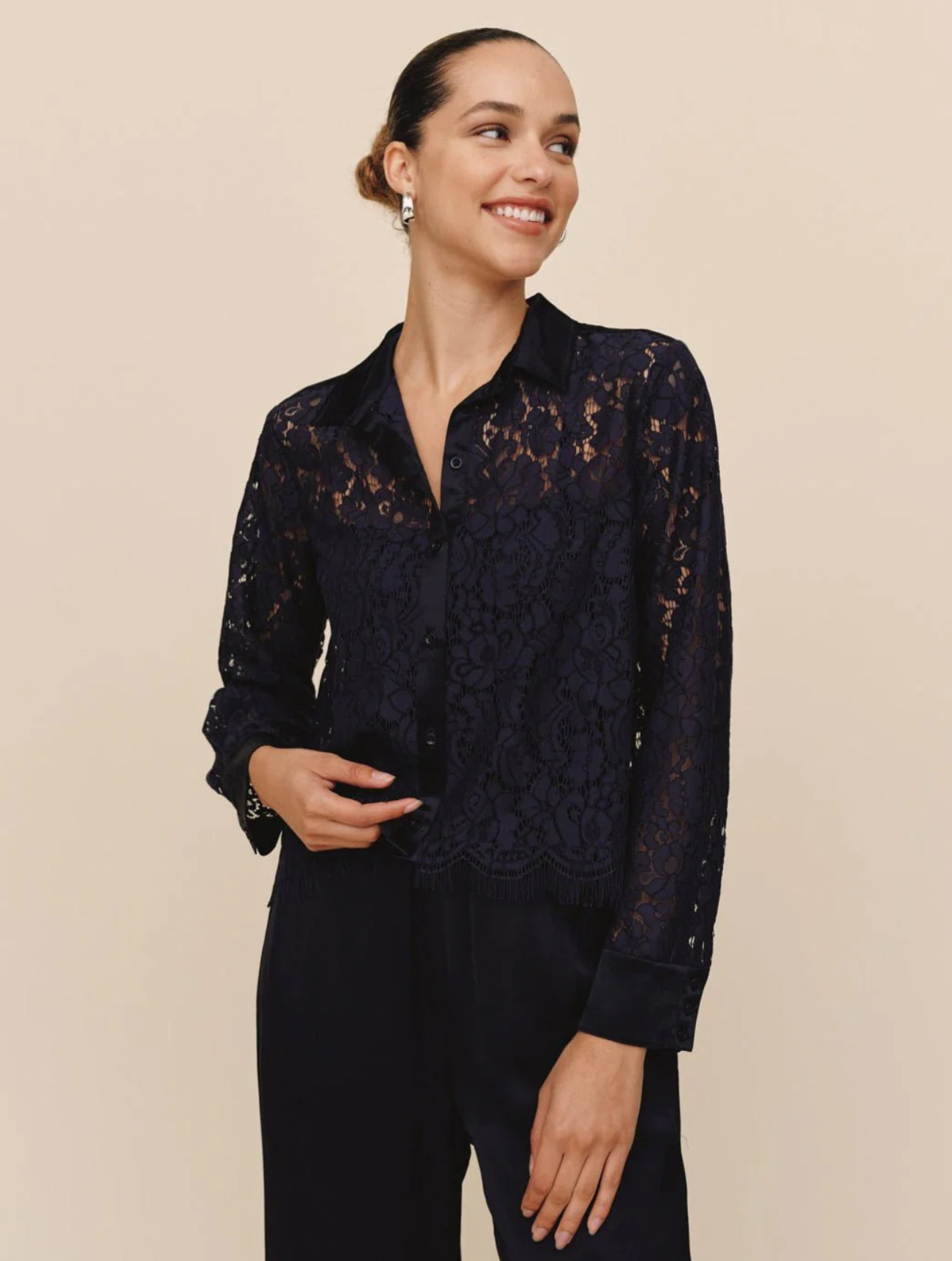 Lace Contrast Button Down