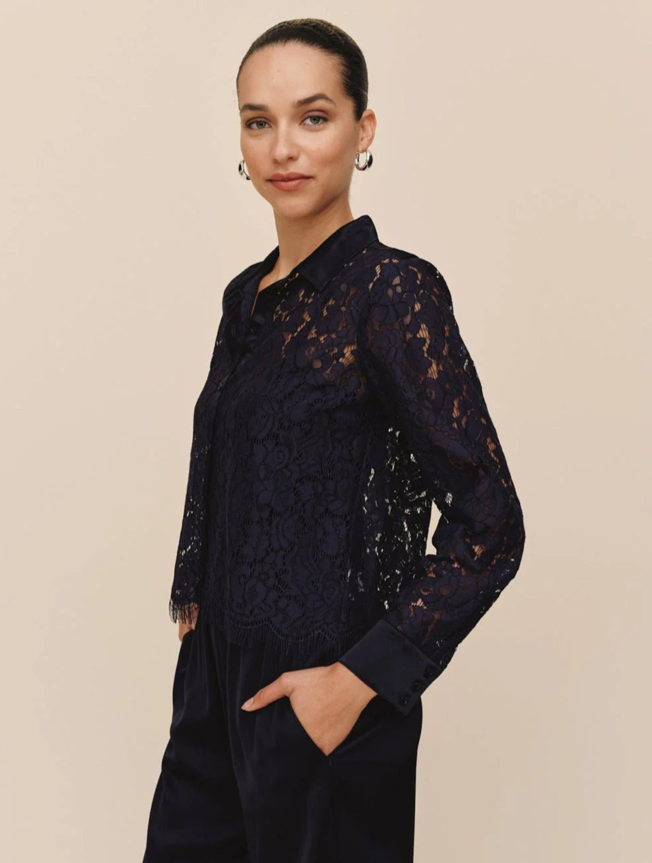 Lace Contrast Button Down