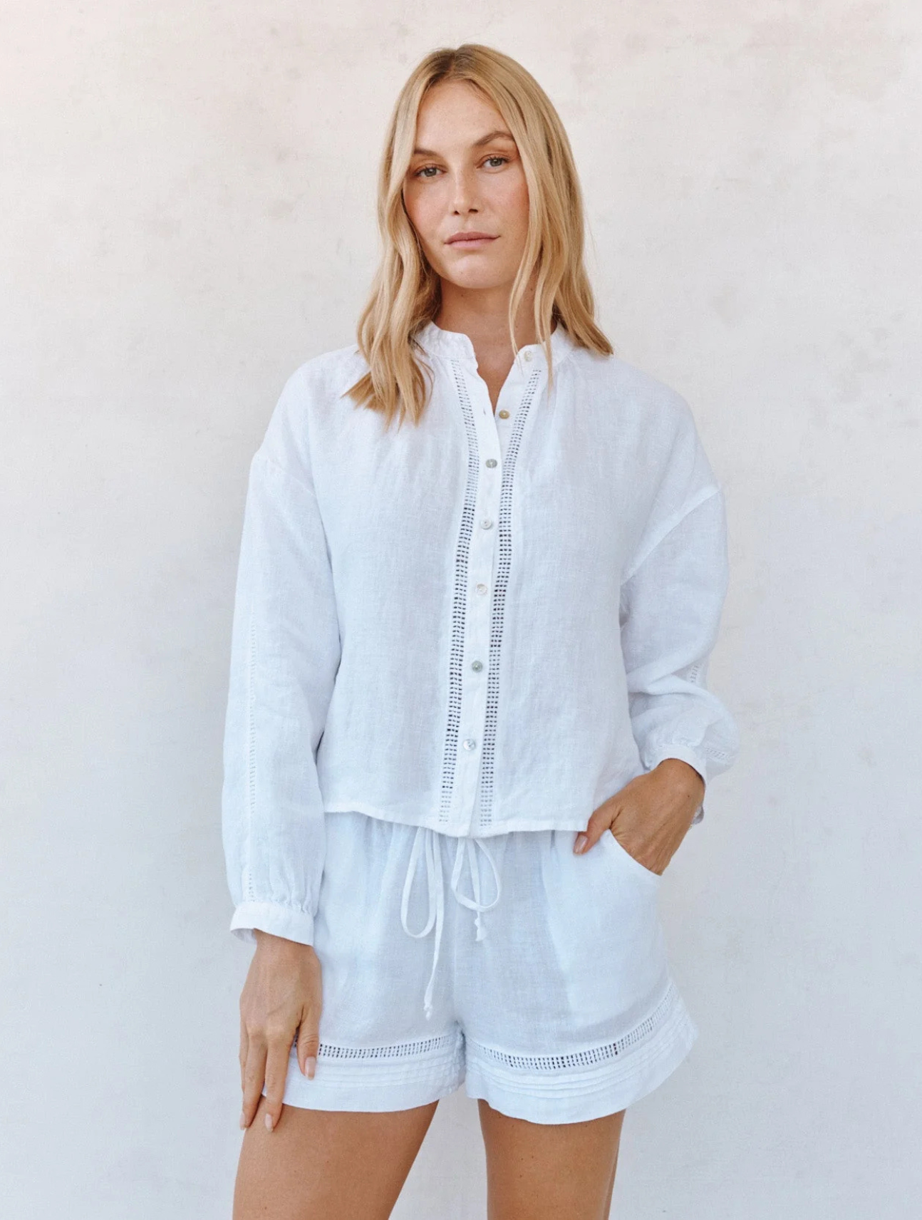 Mandarin Collar Trimmed Button Down