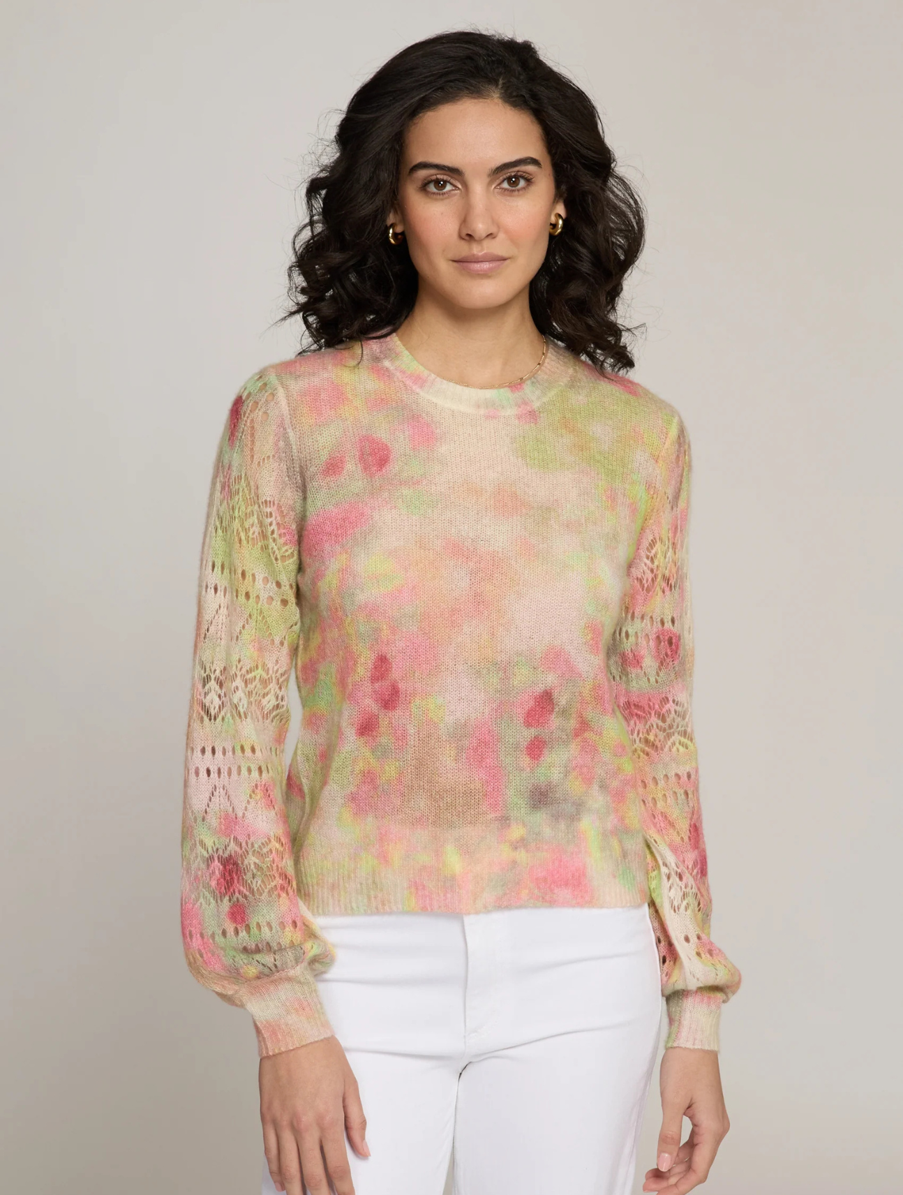 Pastel Flower Print Pointelle Crew