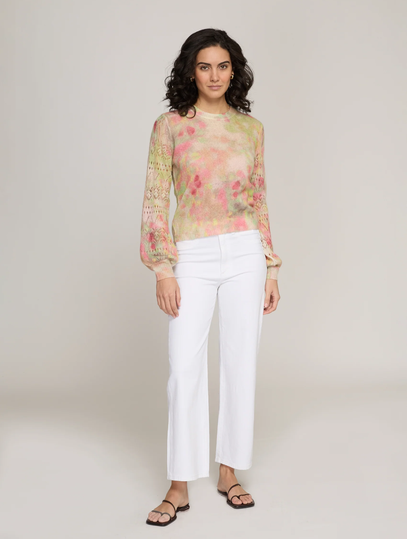 Pastel Flower Print Pointelle Crew