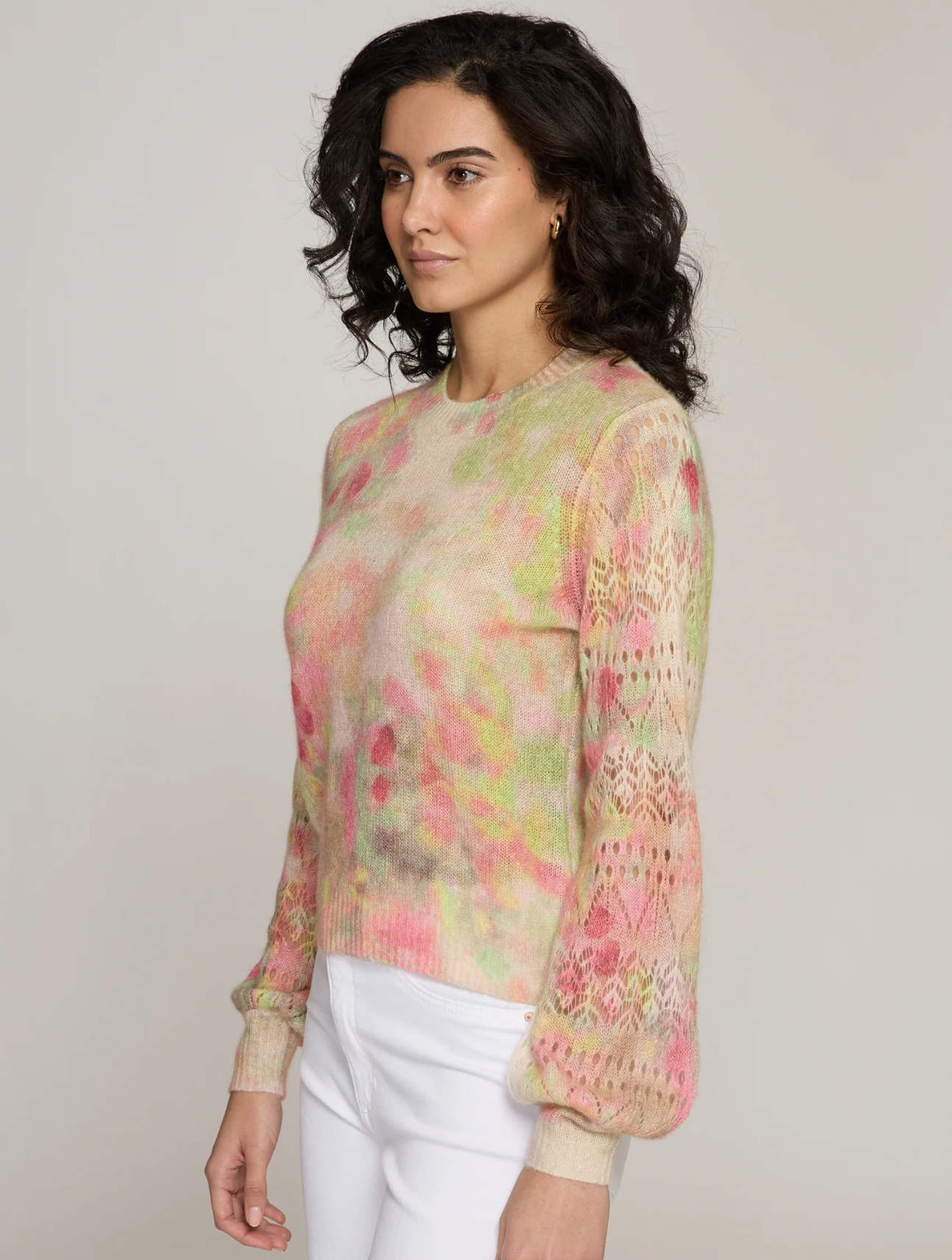 Pastel Flower Print Pointelle Crew