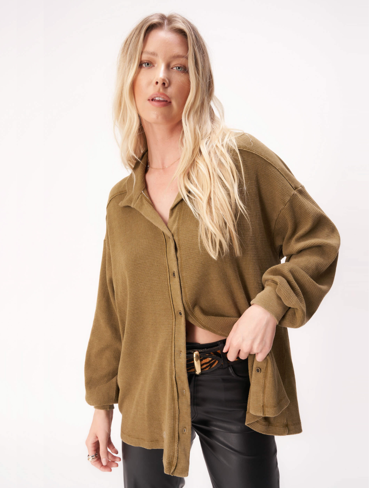 Miraya Washed Button Front Long Sleeve