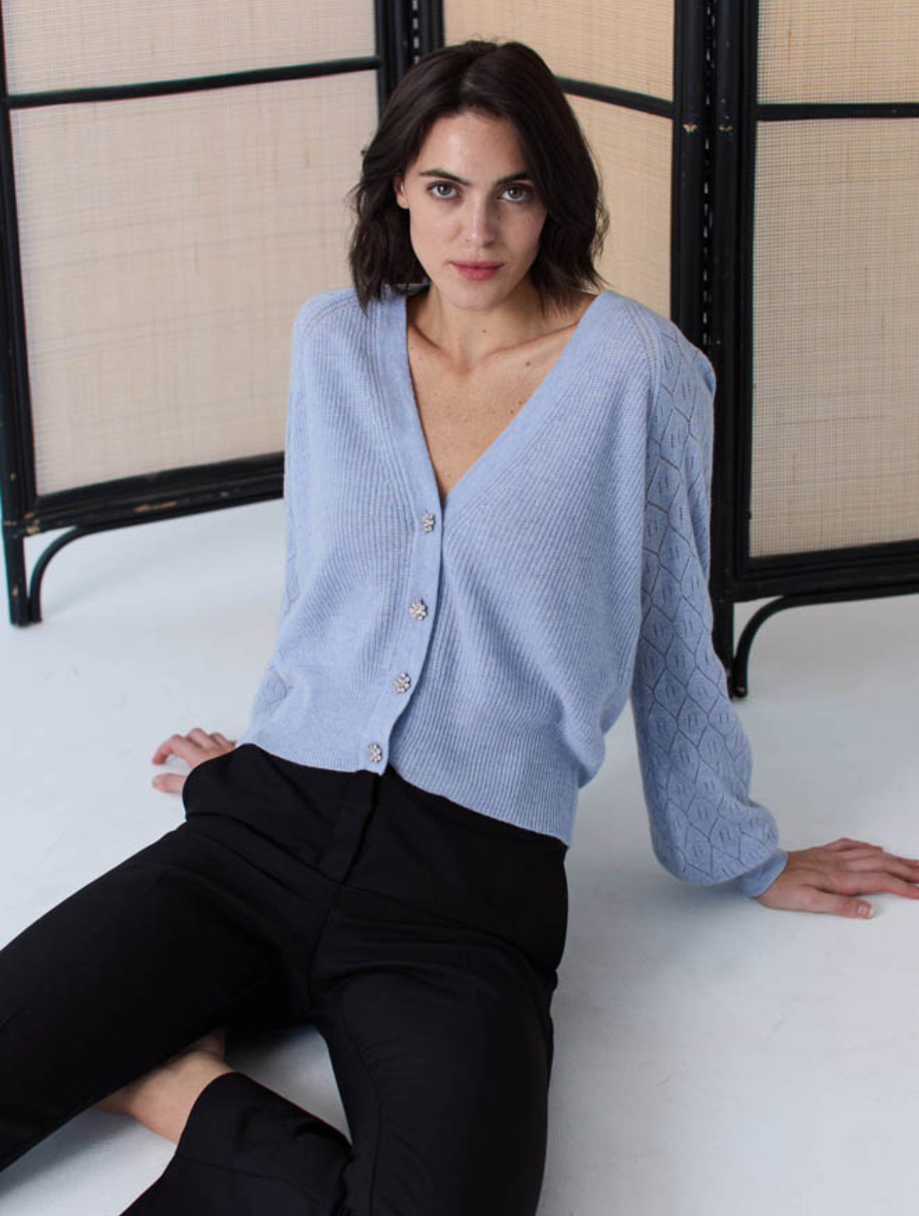 Shaker V Cardigan W/ Pointelle Sleeves