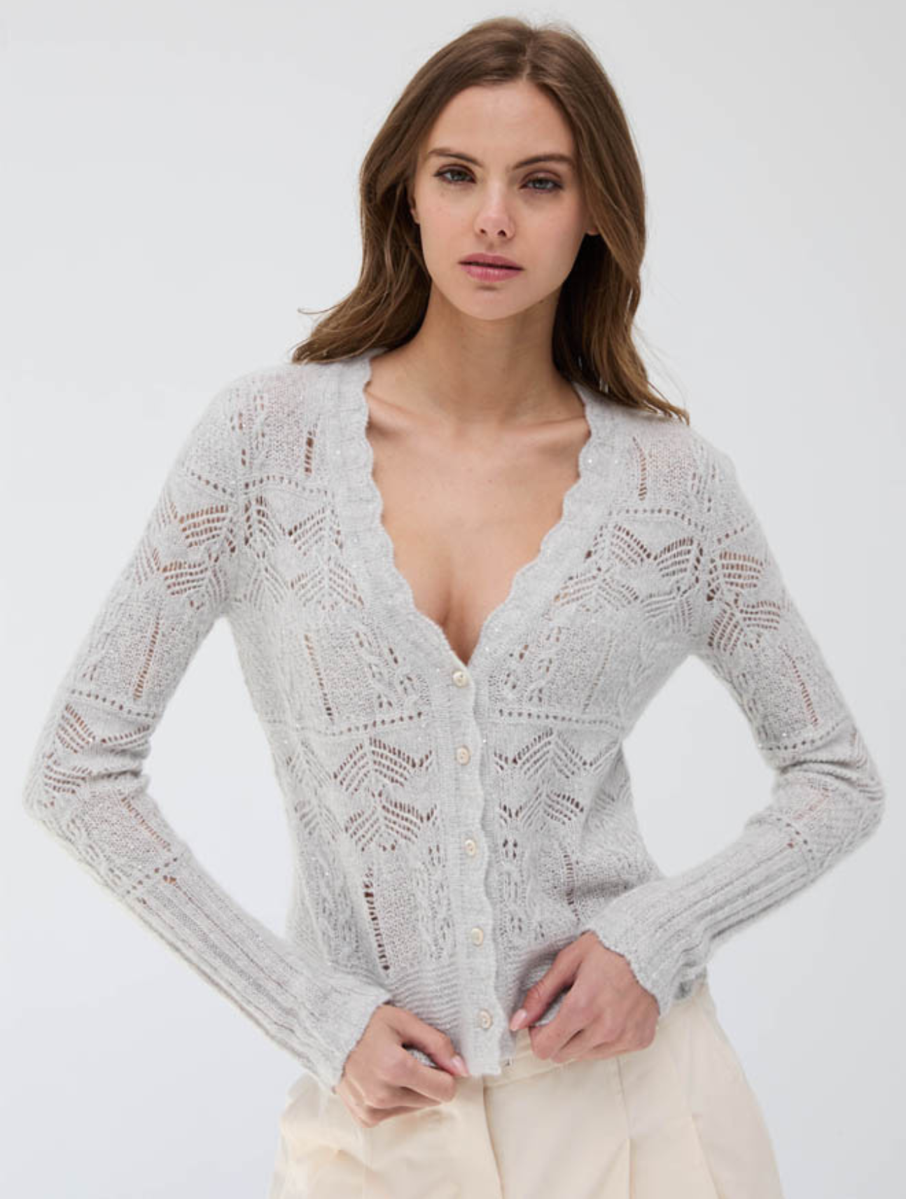 Open Pointelle Sequin V-Neck Cardigan