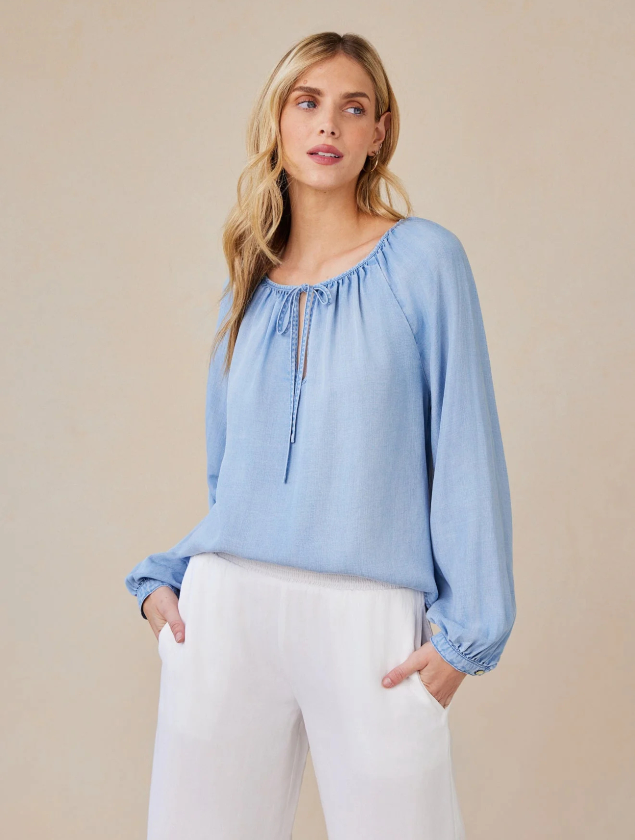 Shirred Raglan Tie Front Blouse