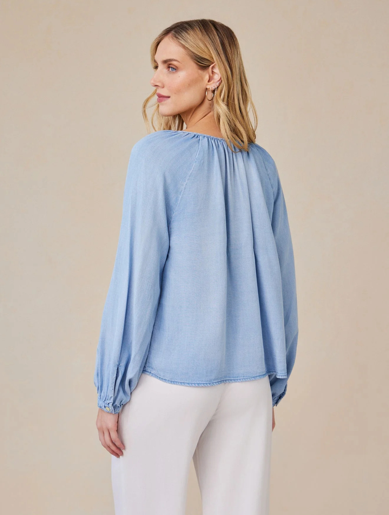 Shirred Raglan Tie Front Blouse