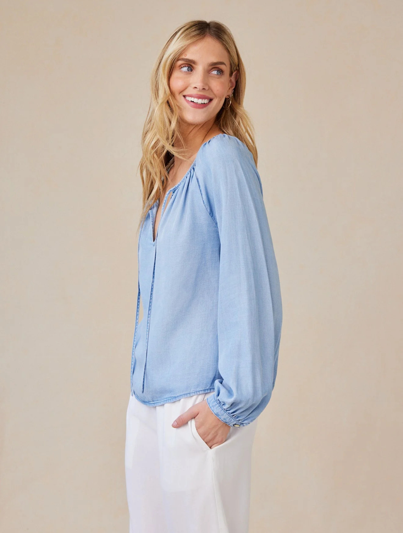 Shirred Raglan Tie Front Blouse