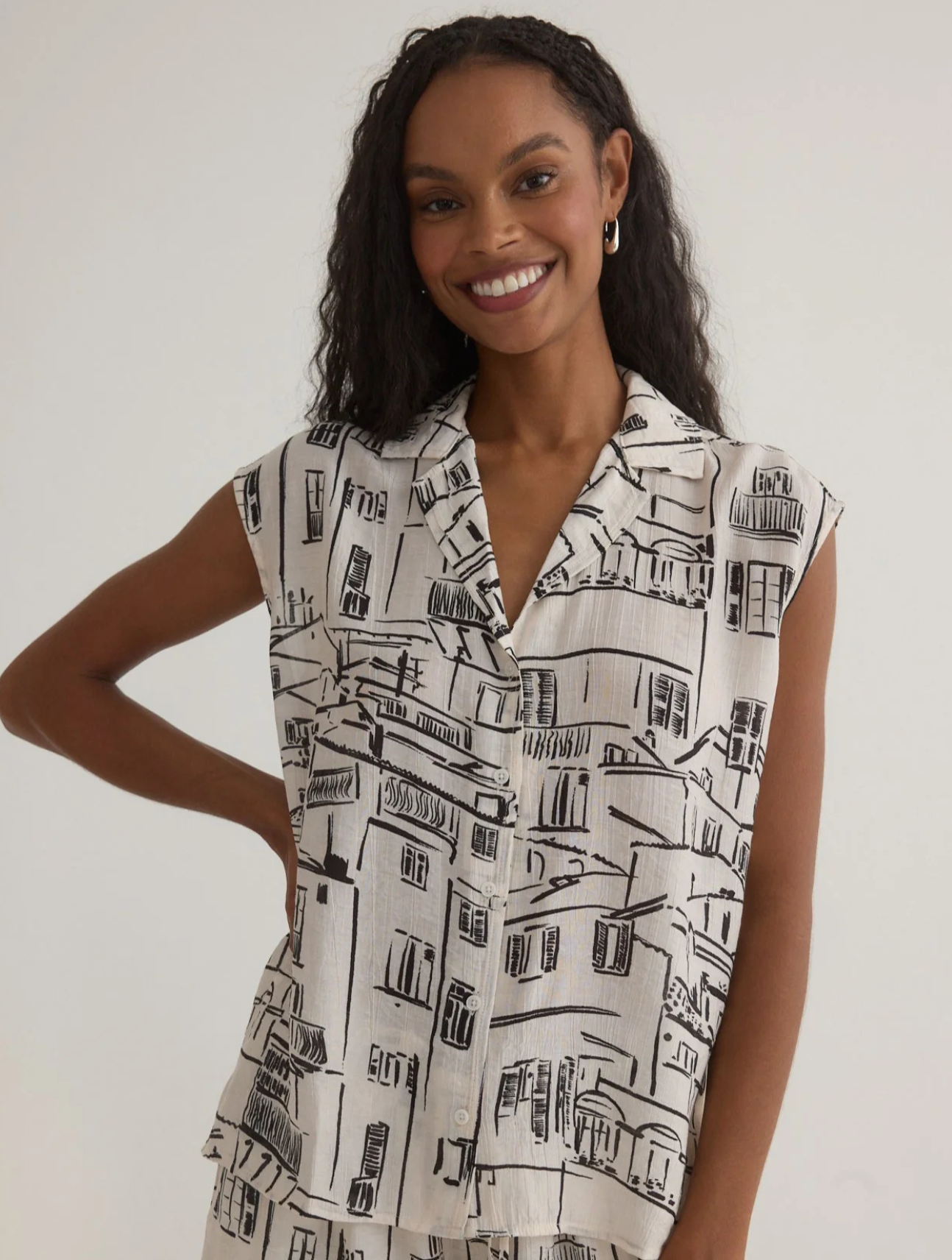 Printed Button Front Top
