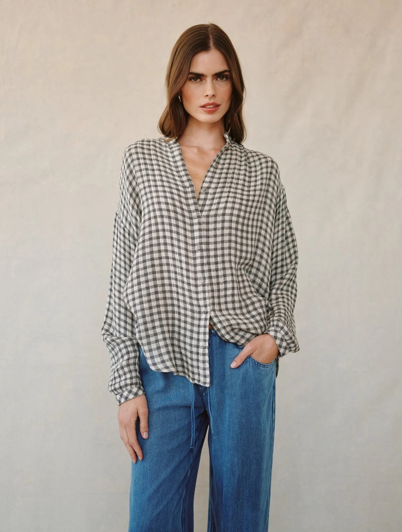 Shirred Mandarin Collar Shirt