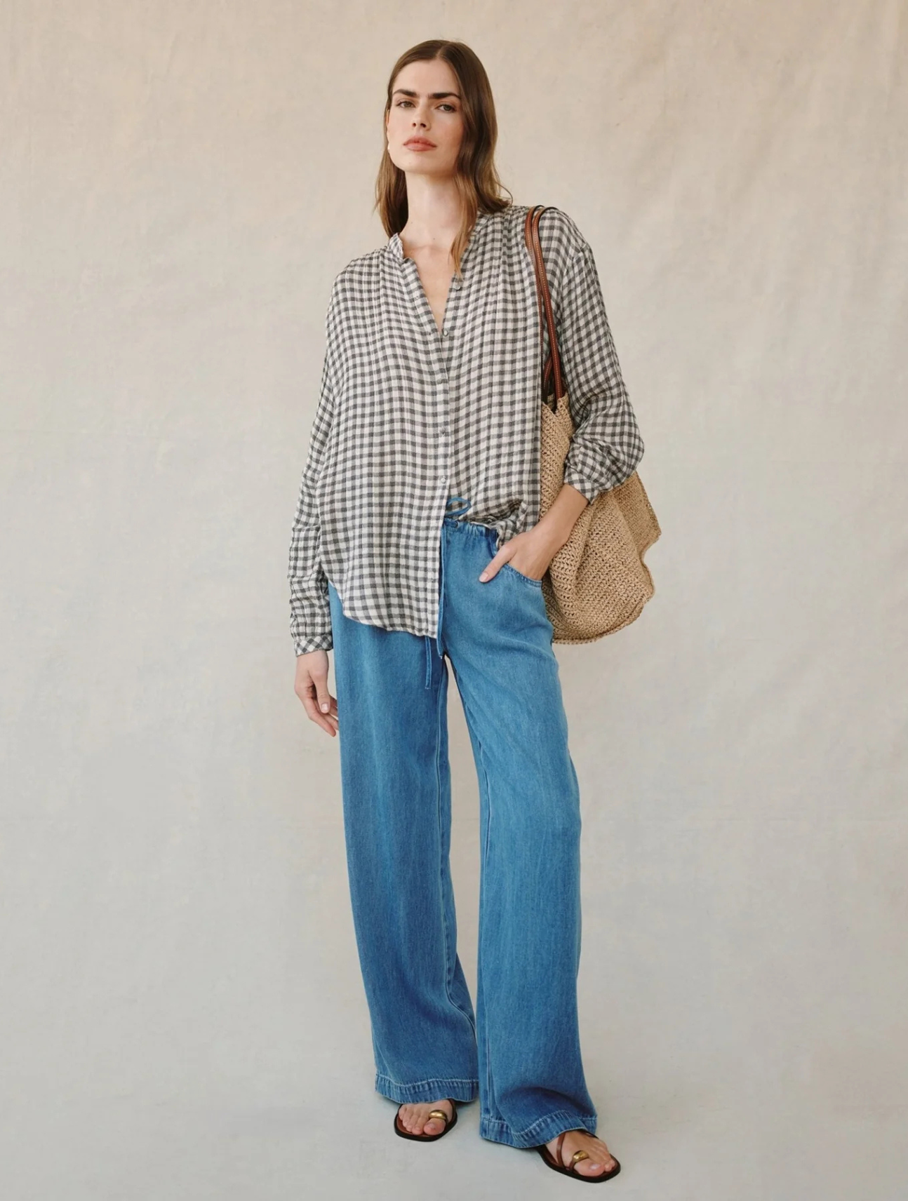 Shirred Mandarin Collar Shirt