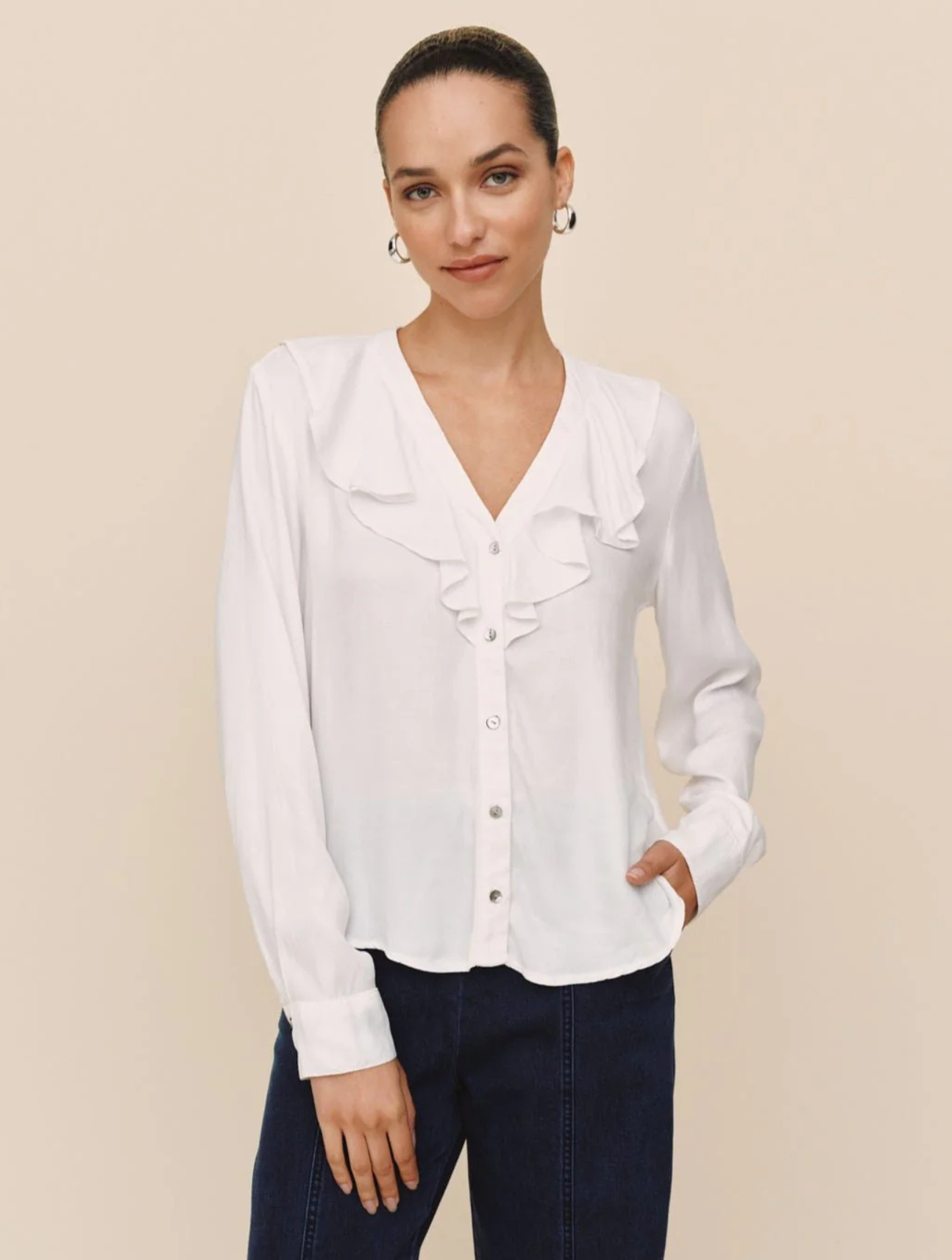 Ruffle V-Neck Button