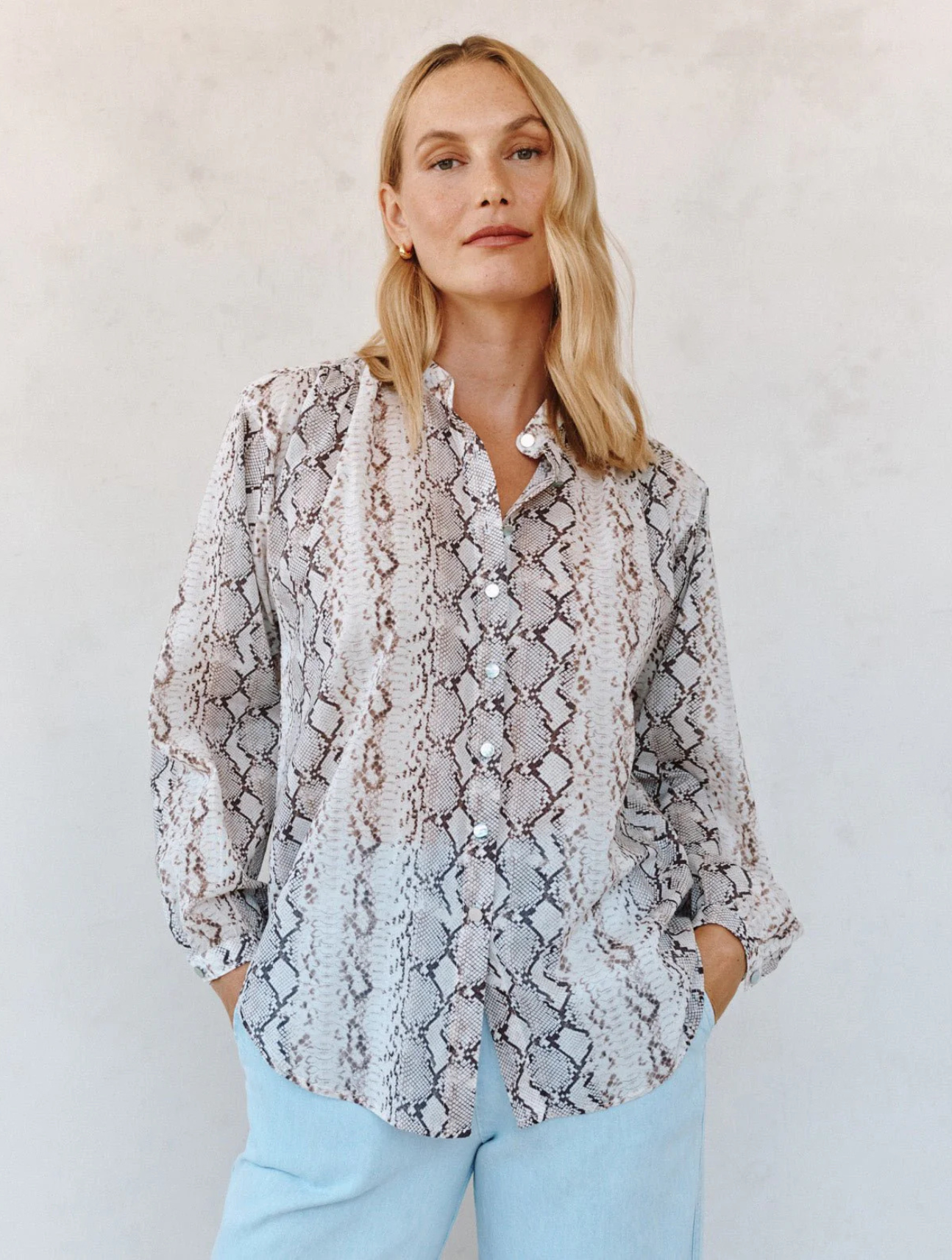 Shirred Mandarin Collar Shirt