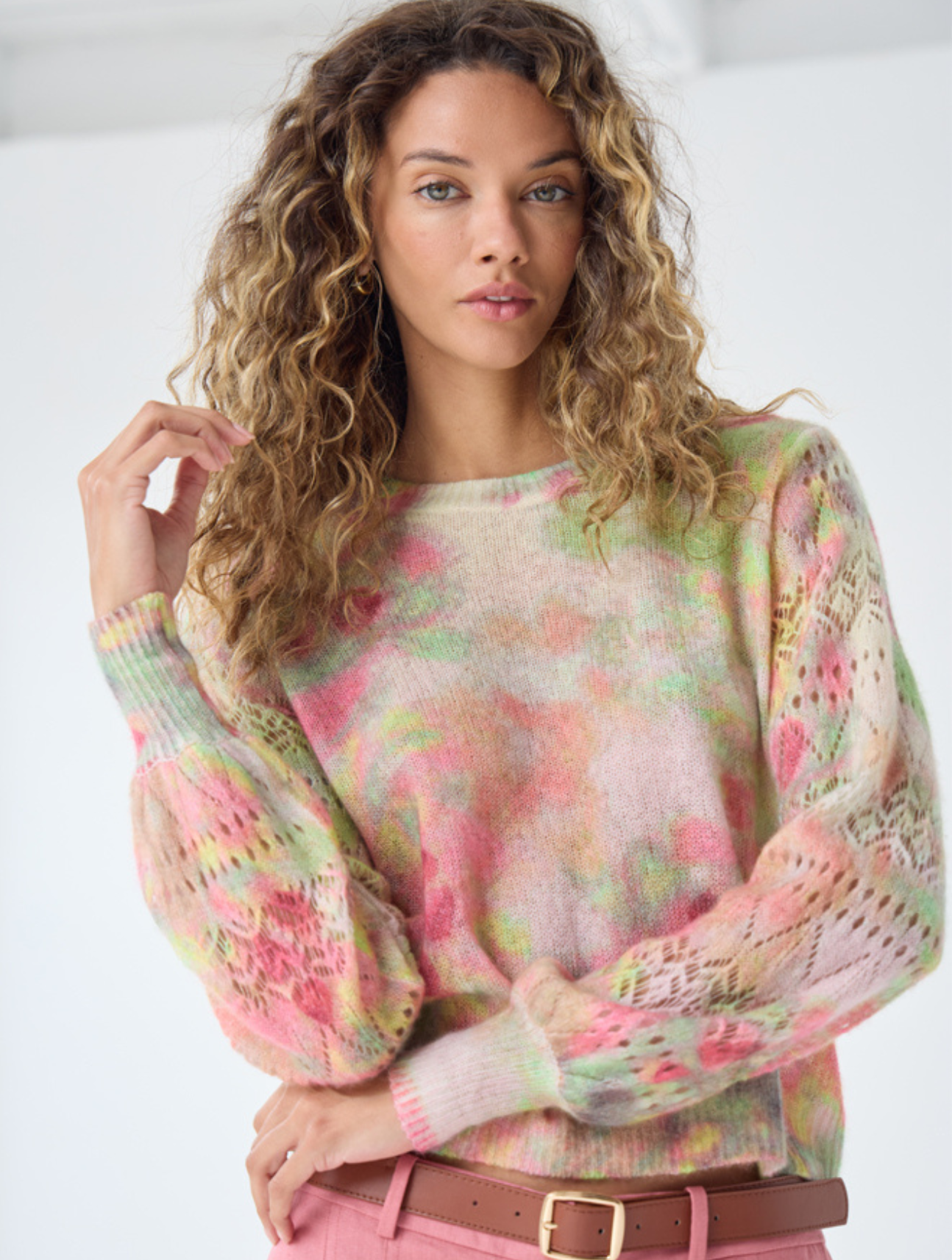 Pastel Flower Print Pointelle Crew