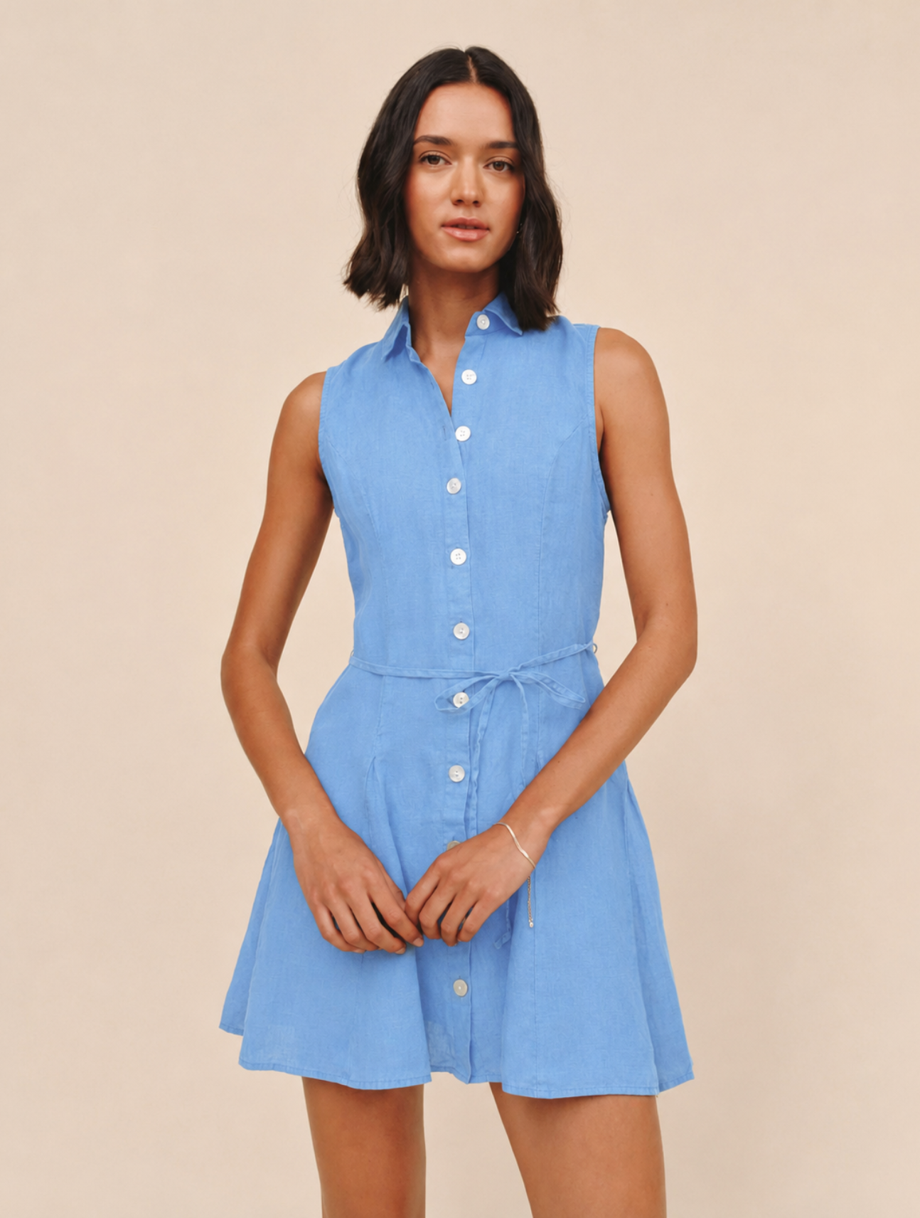 Sleeveless Seamed Shirt Dress